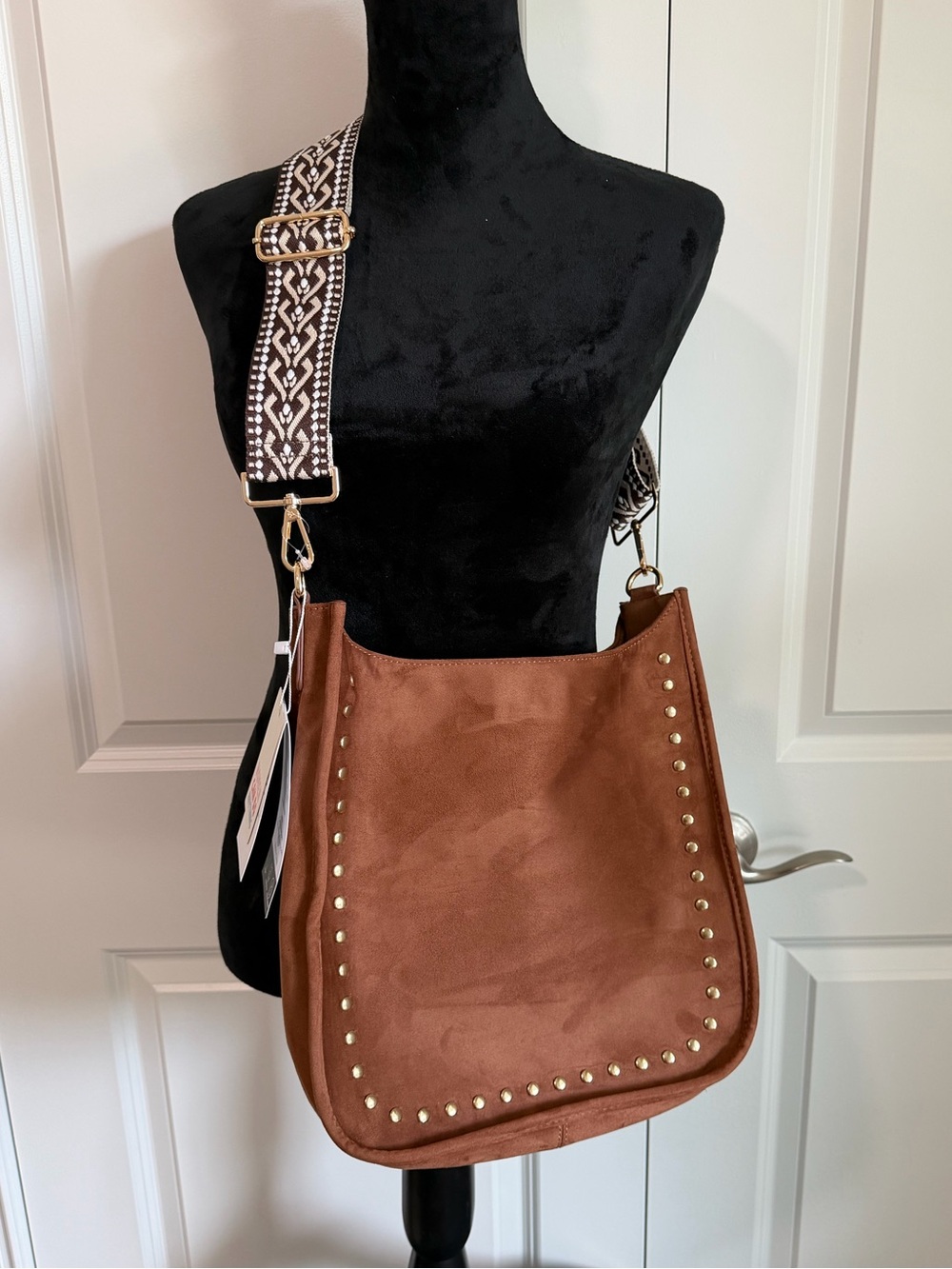NWT Ad horned Studded Suede Shoulder Bag in Brown with Patterned Strap